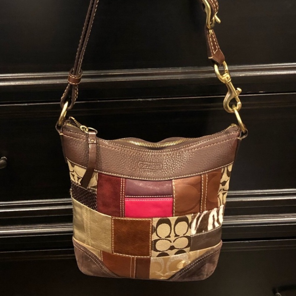COACH Patchwork Top Zipper Crossbody Tote Shoulder Bag Purple Lining Vintage